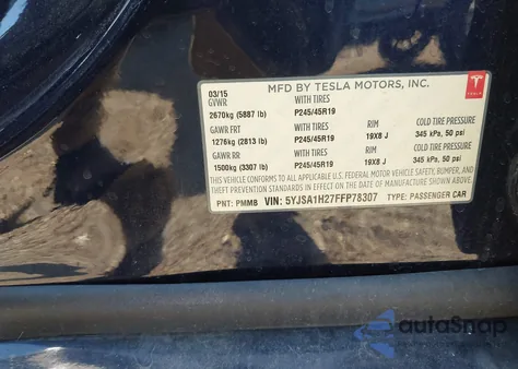 2015 Tesla Model S 70D/85D/P85D z USA, uszkodzony, nr VIN 5YJSA1H27FFP78307